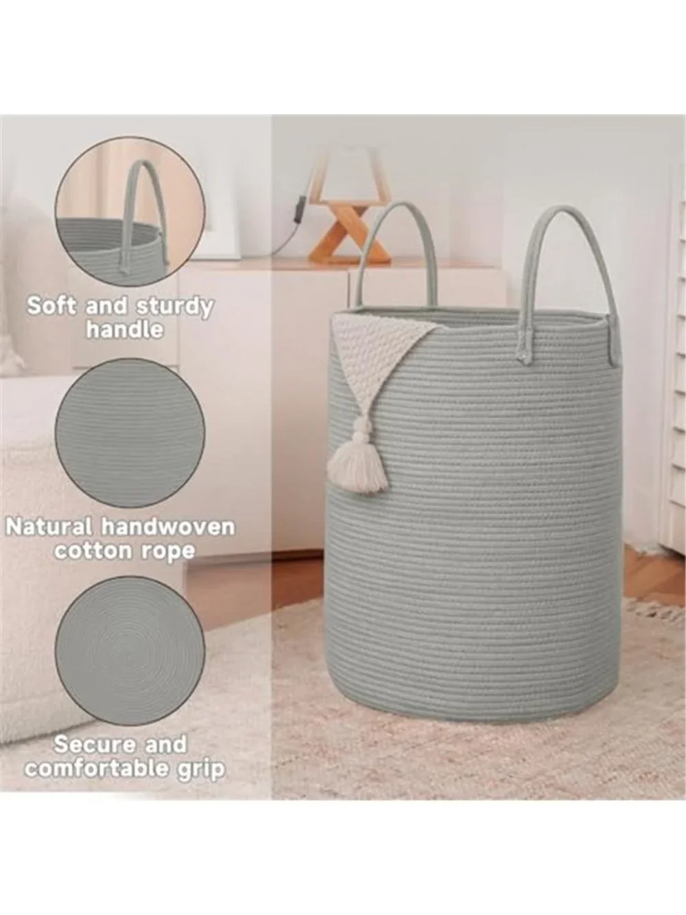 New 60L Cotton Rope Laundry Basket Hamper, Grey